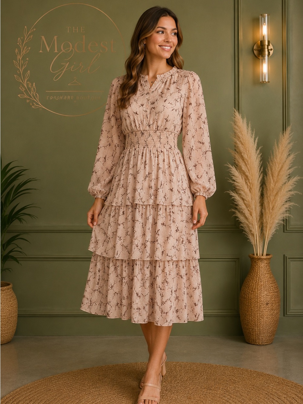 Tiered Smocked Midi Dress in Blush Floral